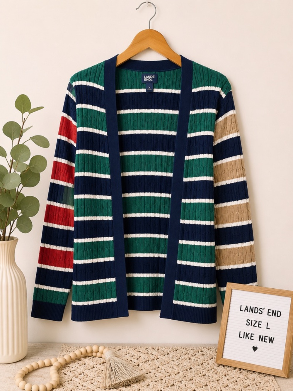 Lands’ End Size L (14-16) 100% Cotton Cable Knit Striped Cardigan